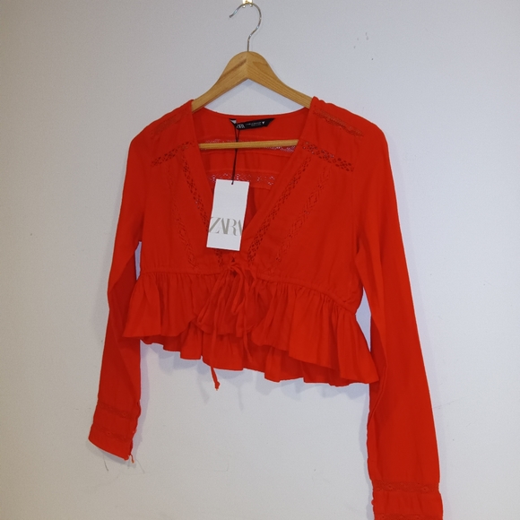 Zara NWT Flaw Dark Orange Cropped Top Eyelet Ruffle Cottagecore Fairycore Sz XS - Picture 2 of 7